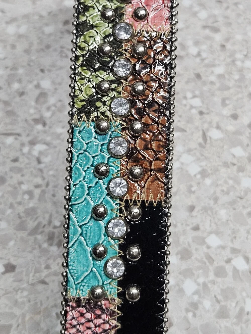 Guess Multi-Color Patchwork Belt with Rhinestones Size XL Y2K
